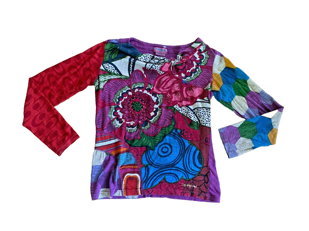 DESIGUAL Kids Girls Beaded Floral Print Multicolor Long Sleeve Shirt Bow 13 / 14